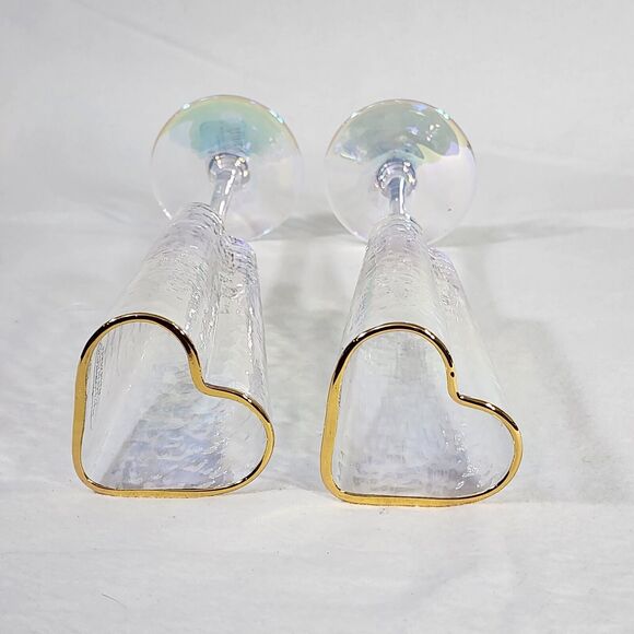 Heart Shape Gold Rimmed Iridescent Champagne Flute‎ Glass Drinkware 5oz Set Of 2 - Picture 5 of 16
